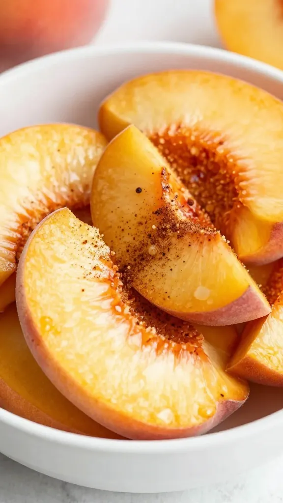 Fresh sliced peaches with brown sugar and cinnamon in bowl