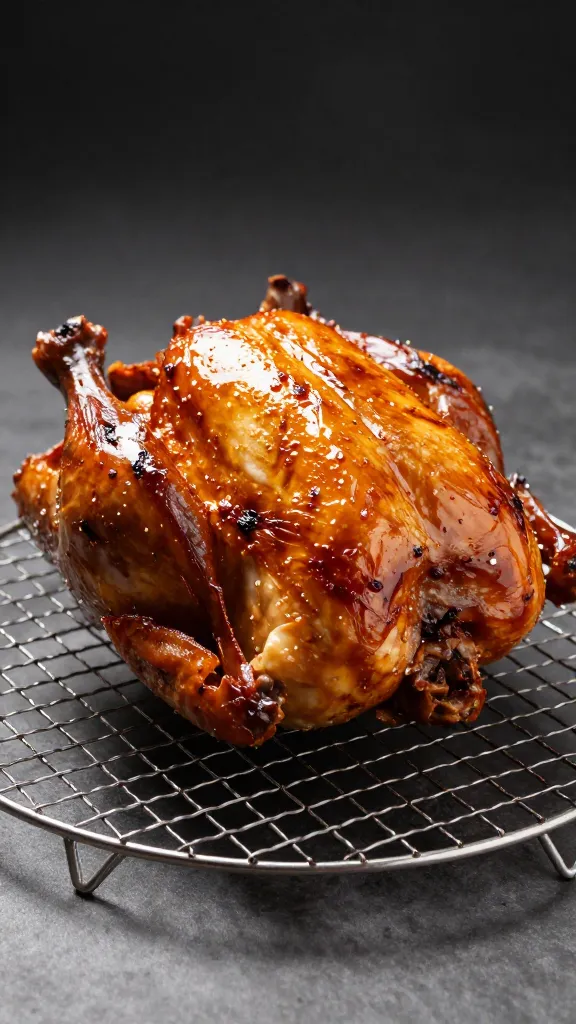 reheated rotisserie chicken on wire rack, glossy skin, studio lighting