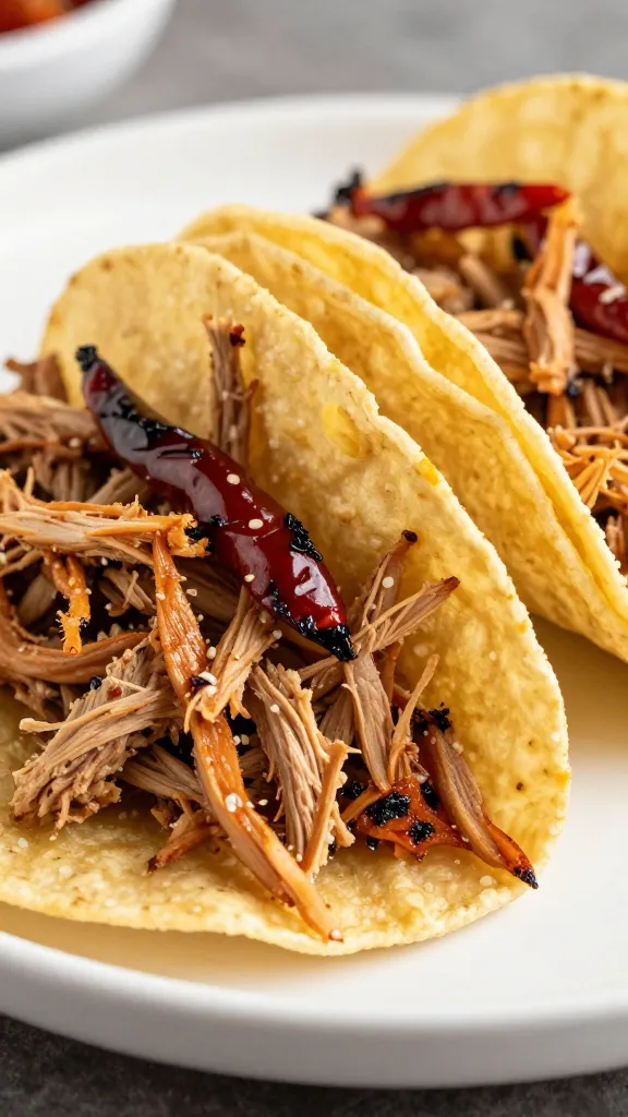 shredded leftover pork tacos with smoky chilies, corn tortillas