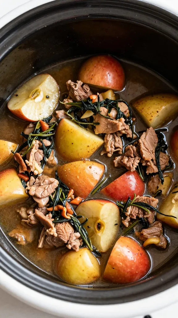 slow cooker pork and apple sage stew in white bowl