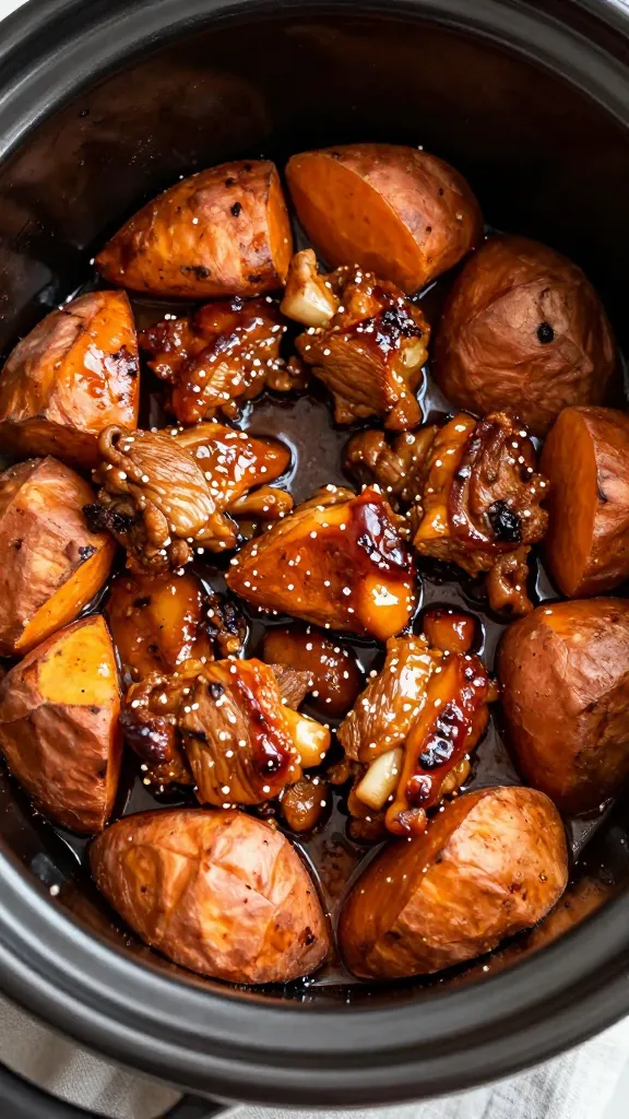 cozy maple-glazed pork and sweet potatoes in crockpot