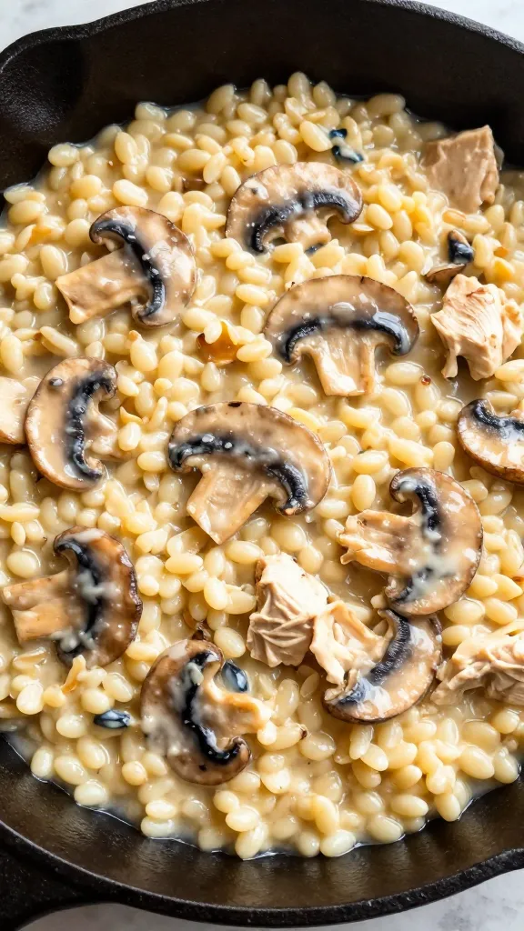 creamy chicken and mushroom orzo in cast-iron skillet
