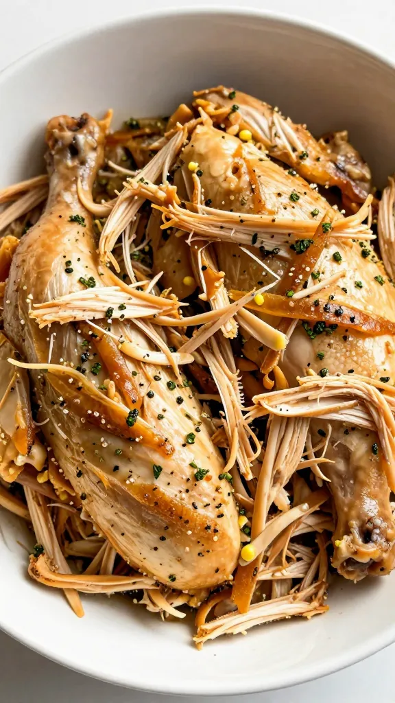shredded leftover rotisserie chicken in bowl, fall herbs