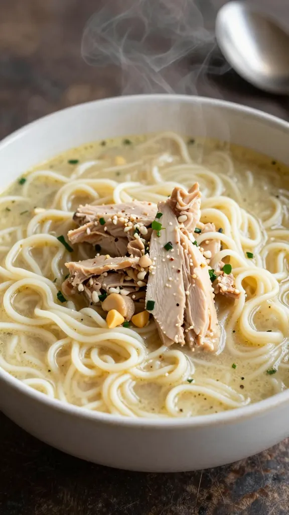cozy brothy chicken noodle bowl with steam, rustic spoon