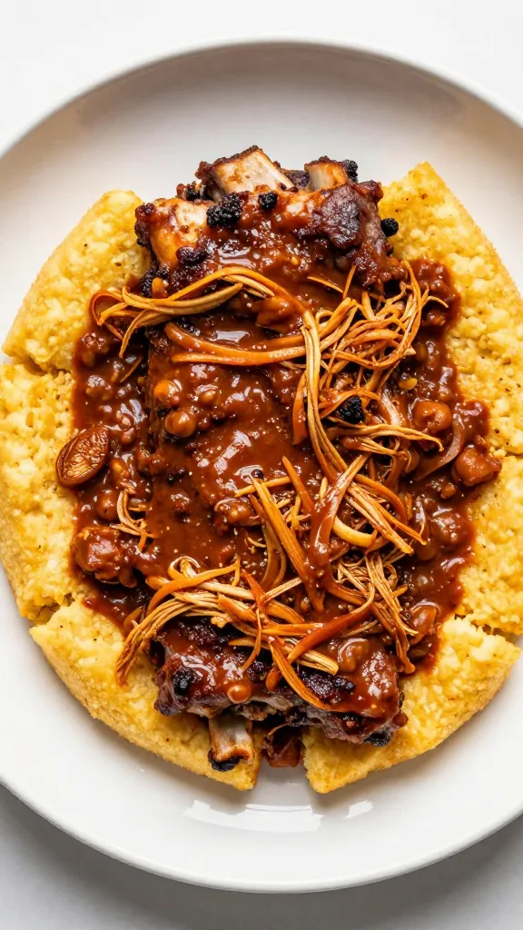 shredded bbq ribs ragu over crispy polenta, overhead shot