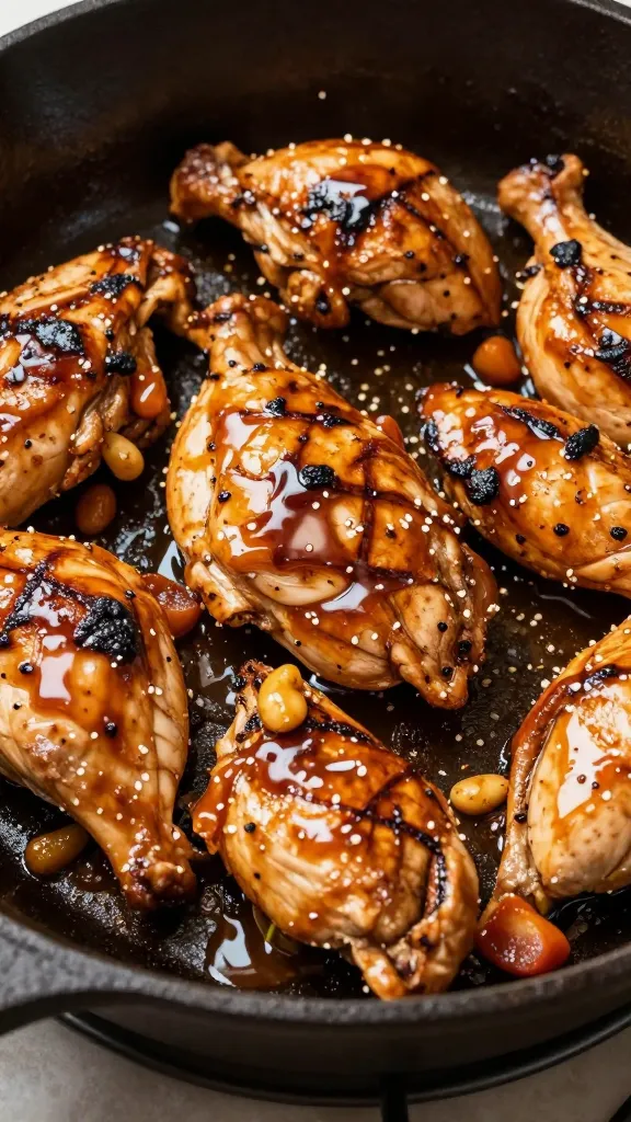 leftover grilled chicken sauté in cast iron, glossy sauce