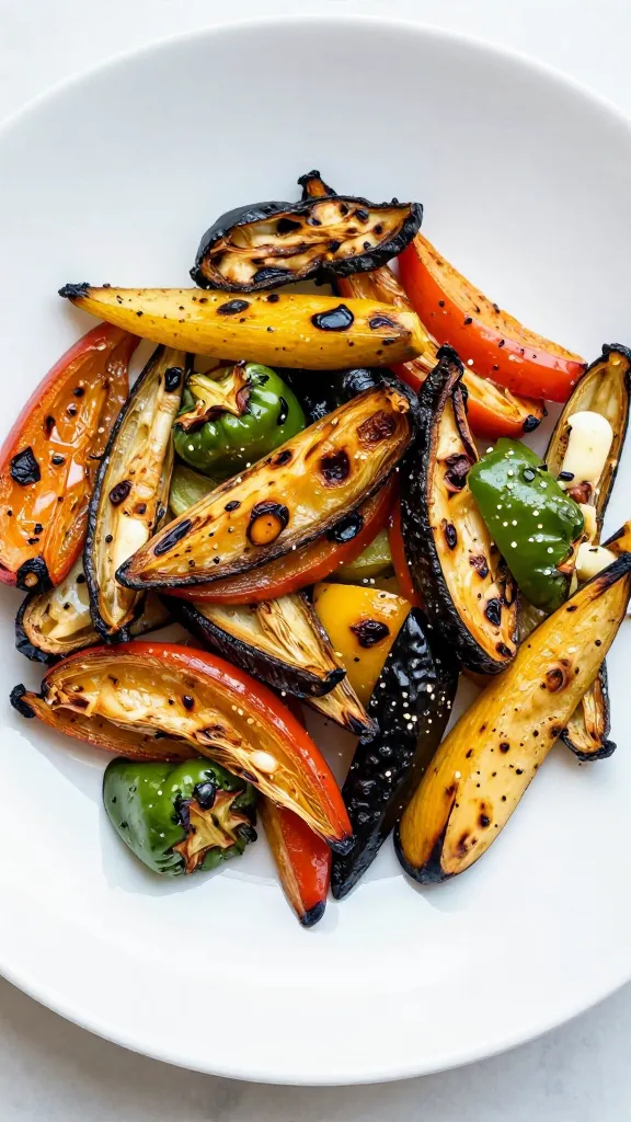 mixed grilled vegetables reheated, charred edges, white ceramic plate