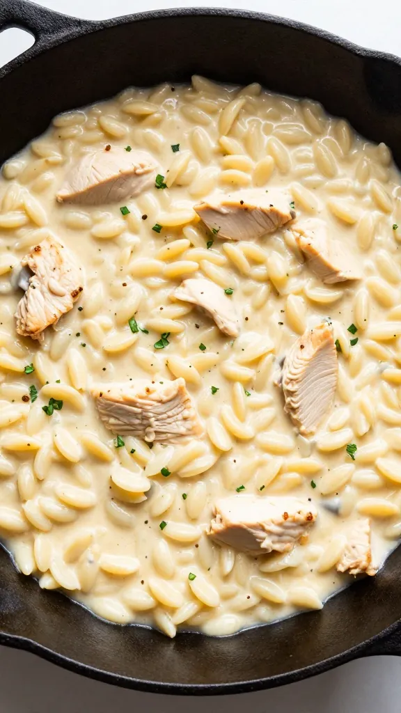 creamy chicken orzo skillet in cast-iron pan, overhead