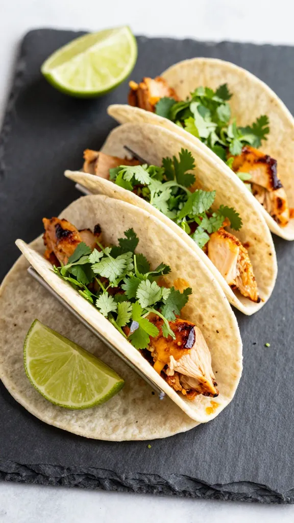 rotisserie chicken tacos with lime and cilantro on slate board