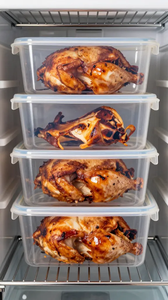 leftover rotisserie chicken fridge container, labeled, stainless shelf