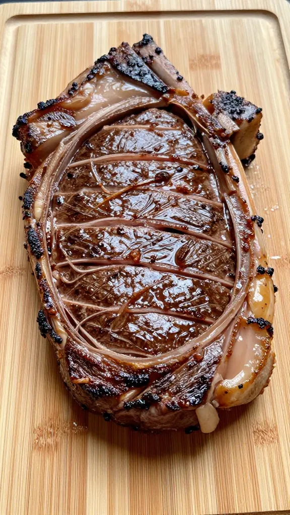 thin-sliced medium-rare ribeye on wooden cutting board