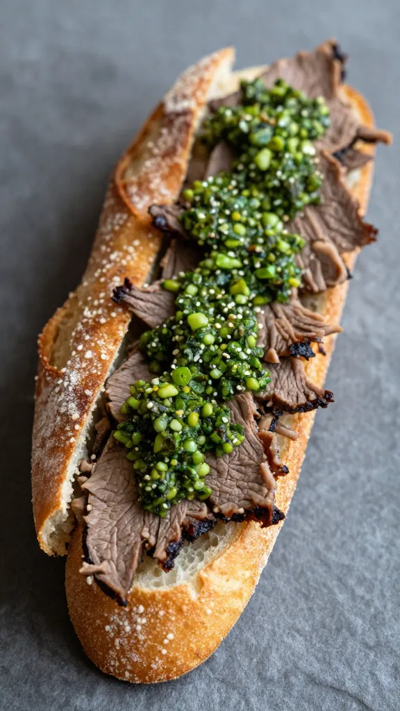 cold steak sandwich on crusty baguette with chimichurri