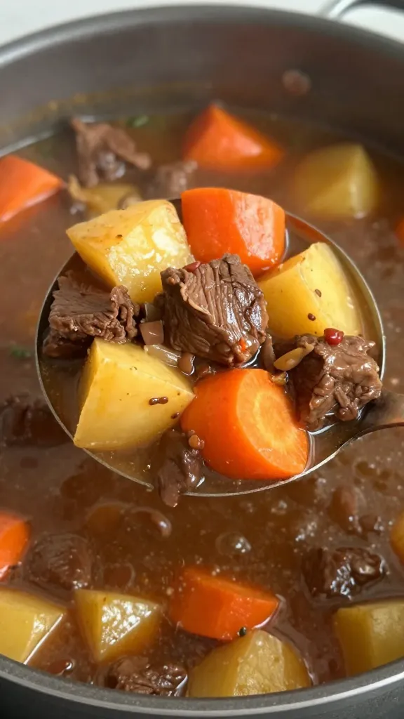 Leftover Roast Turned Into a Cozy One-Pot Fall Stew Tonight ladle scooping hearty beef stew with potatoes and carrots