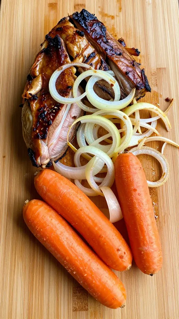Leftover Roast Turned Into a Cozy One-Pot Fall Stew Tonight chopped leftover roast, onions, and carrots on wooden board