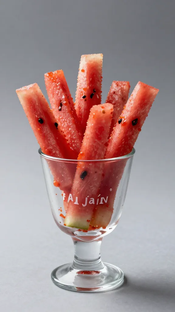 watermelon fries in glass cup with tajín, studio lighting