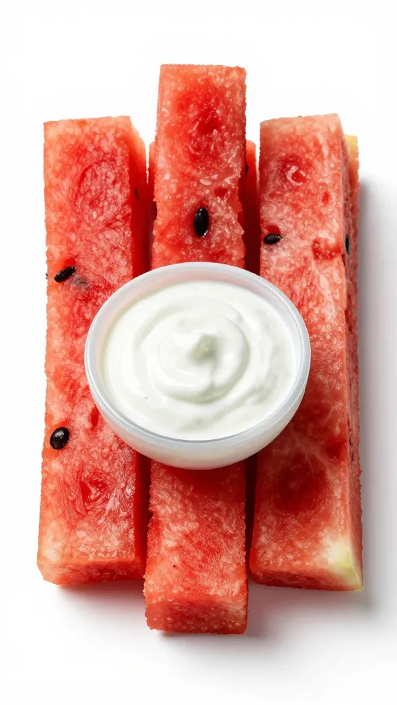 watermelon fry sticks with yogurt-lime dip, white background