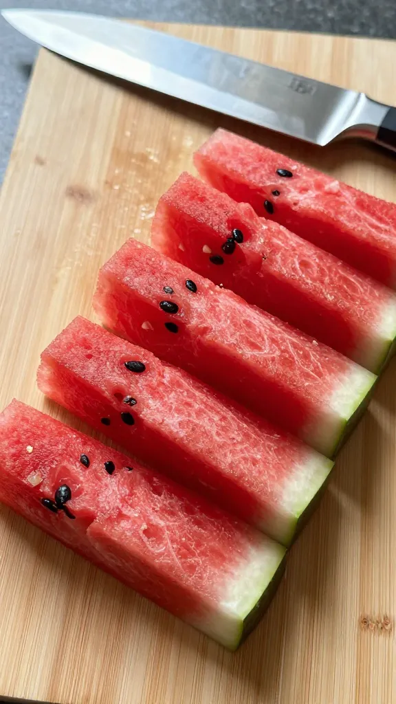 sliced watermelon sticks on cutting board, chef knife overhead lighting
