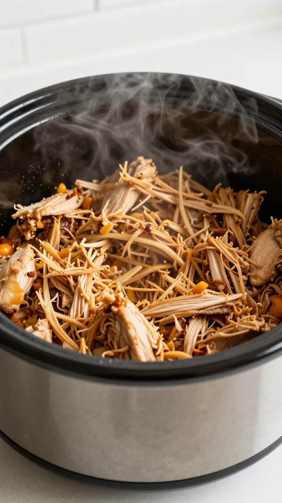 steaming slow cooker with shredded chicken leftovers on countertop