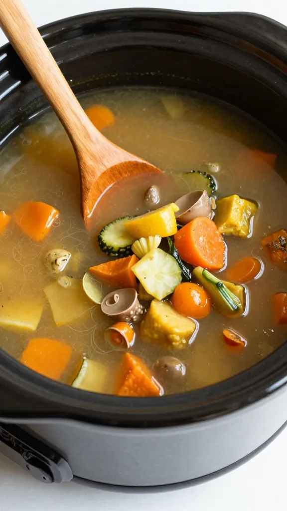 slow cooker of fall vegetable soup beside wooden ladle