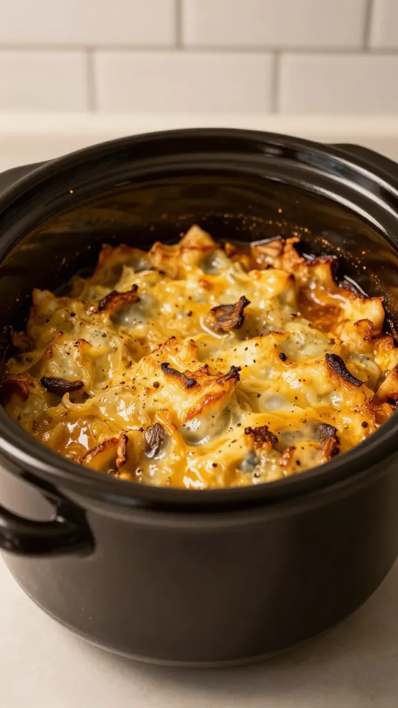 saucy casserole in slow cooker, cozy kitchen light