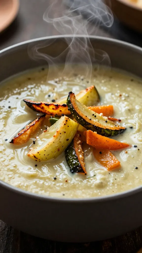 Roasted veggie soup in matte bowl, steam rising