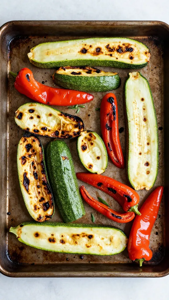 Charred zucchini and peppers on rustic baking sheet