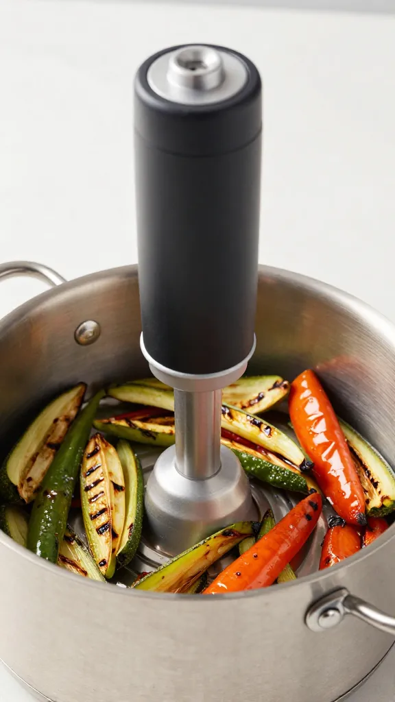 Immersion blender pureeing grilled vegetables in pot