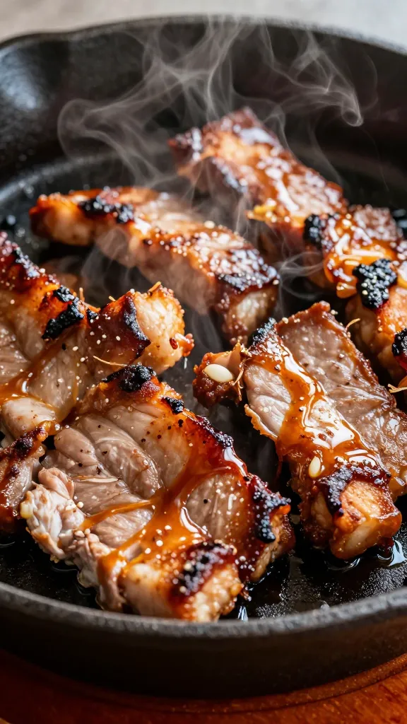 reheated bbq pork in cast-iron skillet with steam