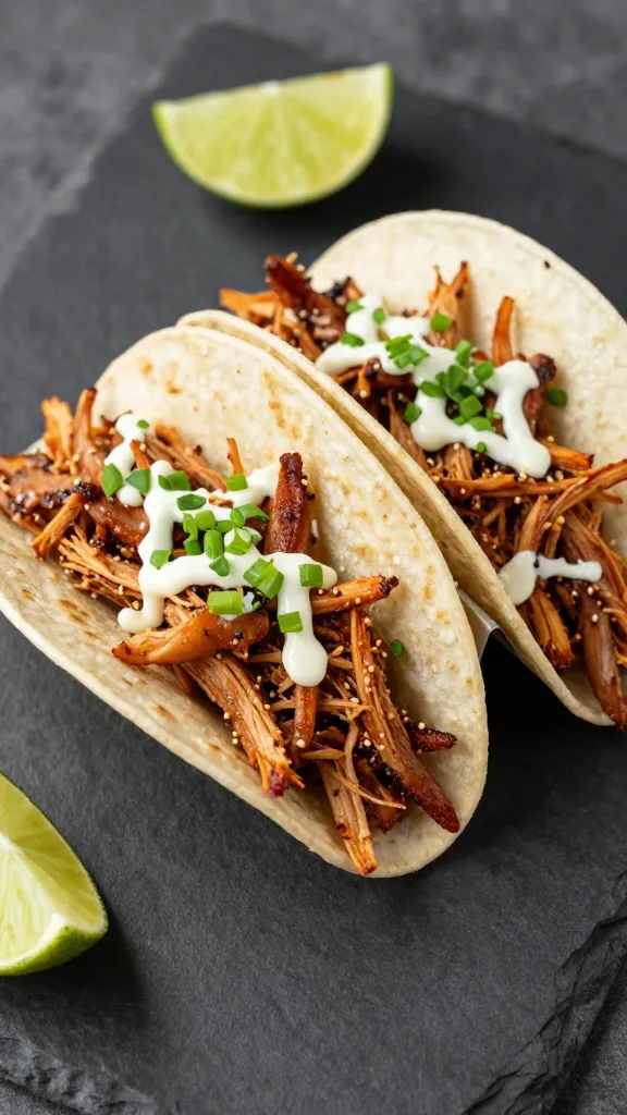 shredded bbq pork tacos with lime wedges on slate