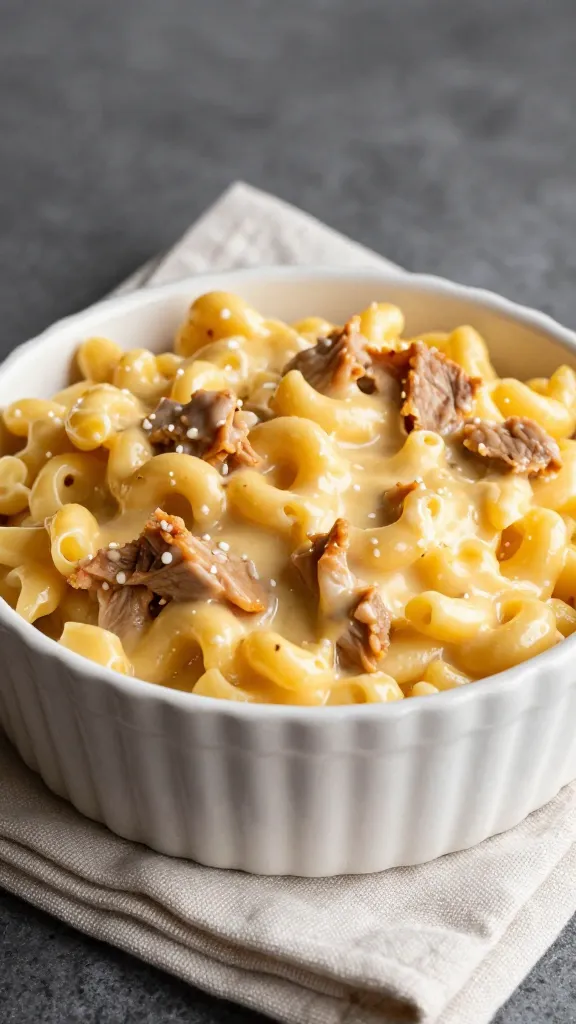 creamy pork mac and cheese in ceramic bowl, fall napkin