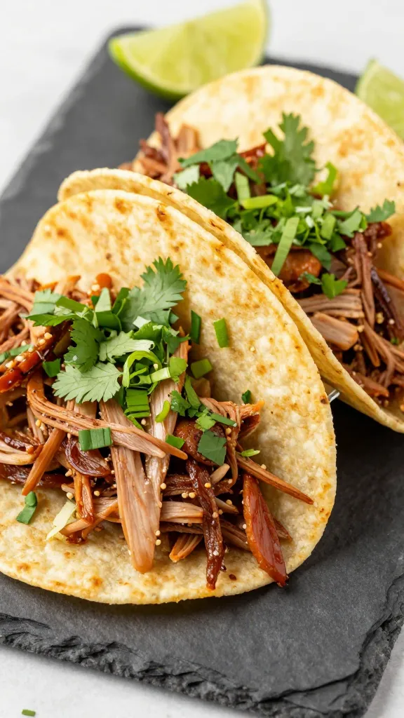 pulled pork tacos with lime and cilantro on slate