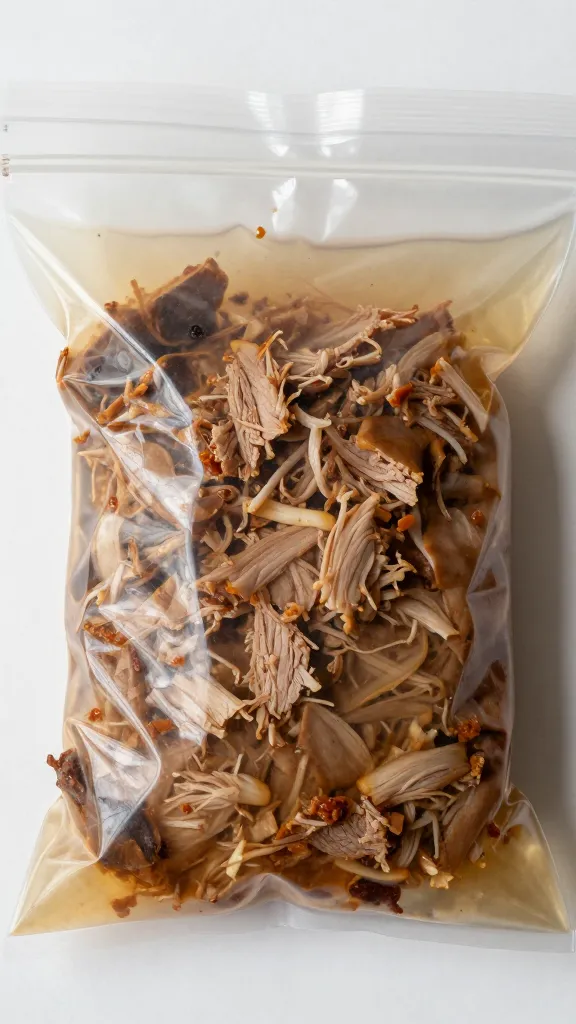 leftover pulled pork in labeled freezer bags with broth