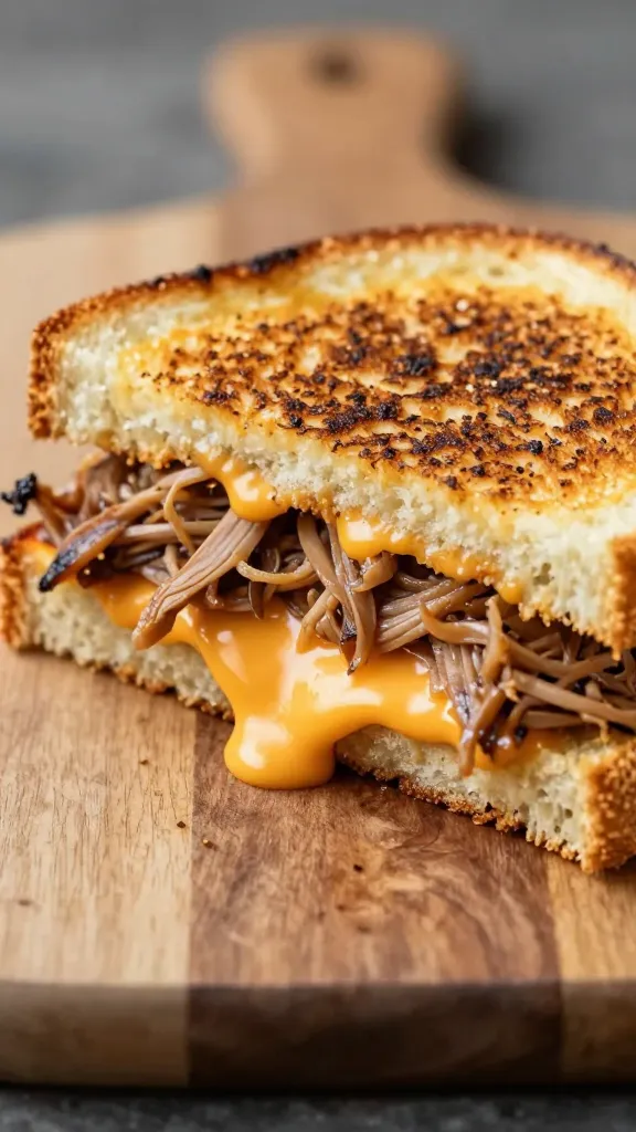 pulled pork grilled cheese with melty cheddar on board