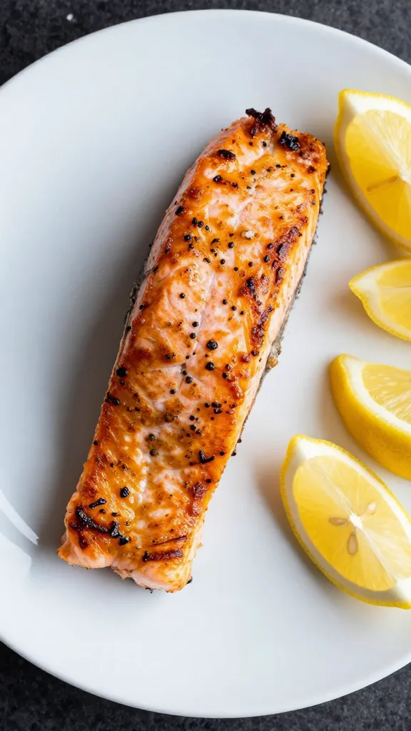 flaked leftover grilled salmon on white plate with lemon wedges