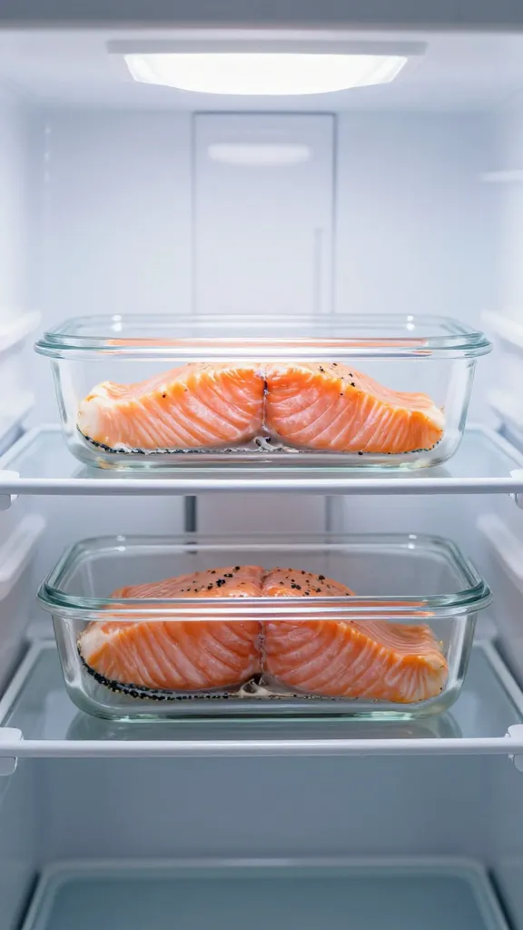 sealed glass container of cooked salmon in fridge light