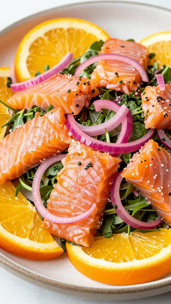 cold salmon salad with herbs, pickled onions, and citrus slices