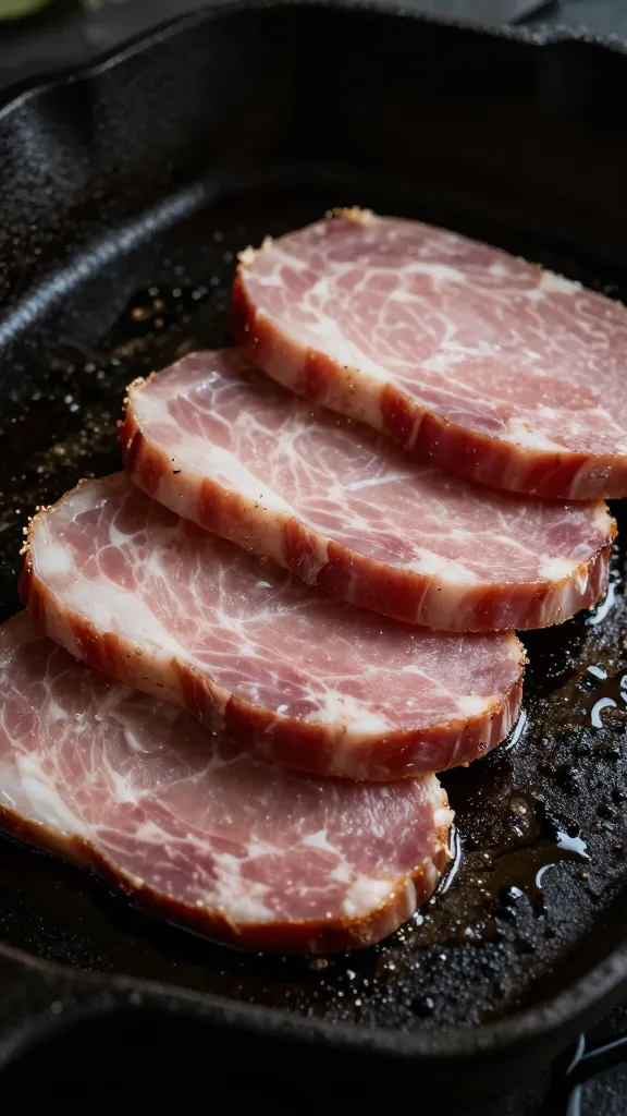 thick ham slices pan-searing in cast-iron, moody lighting