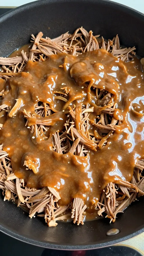 shredded pot roast in skillet with glossy gravy