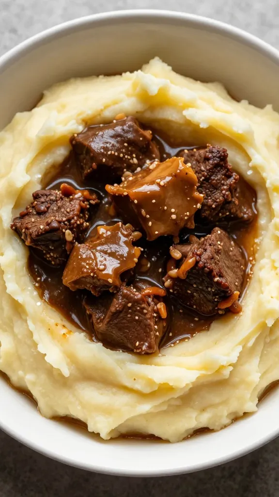 cozy fall bowl of pot roast over mashed potatoes