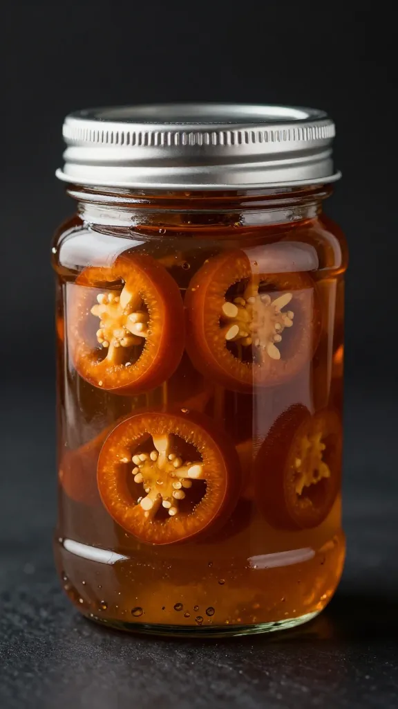candied jalapeño slices in syrup, glass jar, studio lighting
