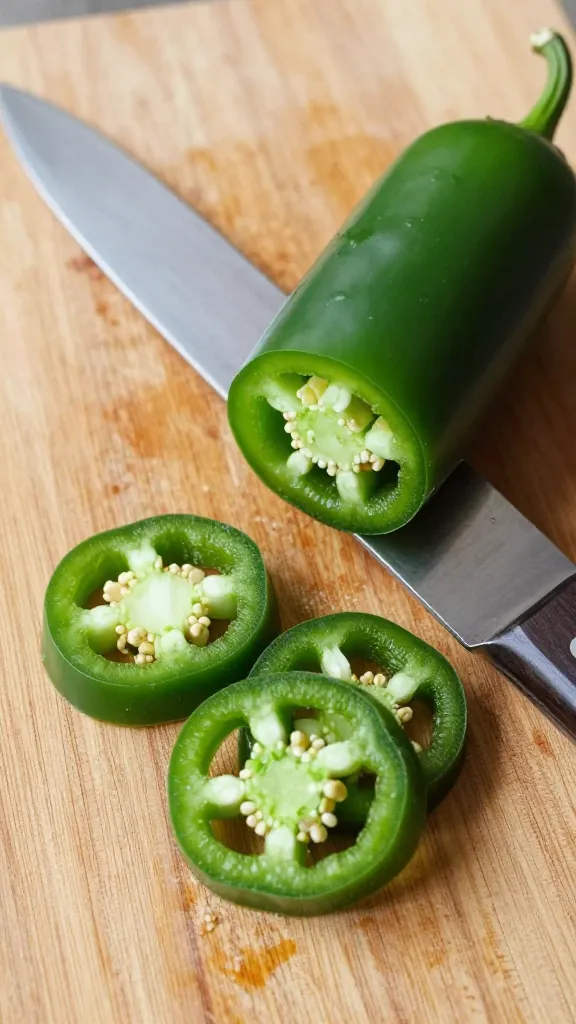 jalapeños being sliced on wooden board, chef knife, overhead
