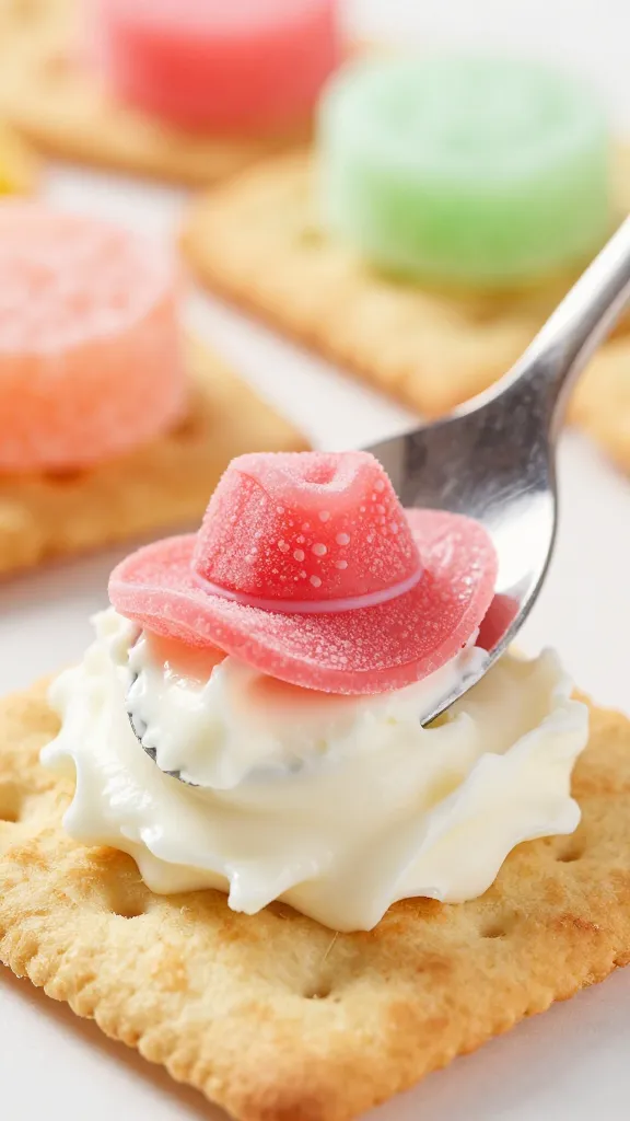 cowboy candy spooned over cream cheese on cracker, close-up
