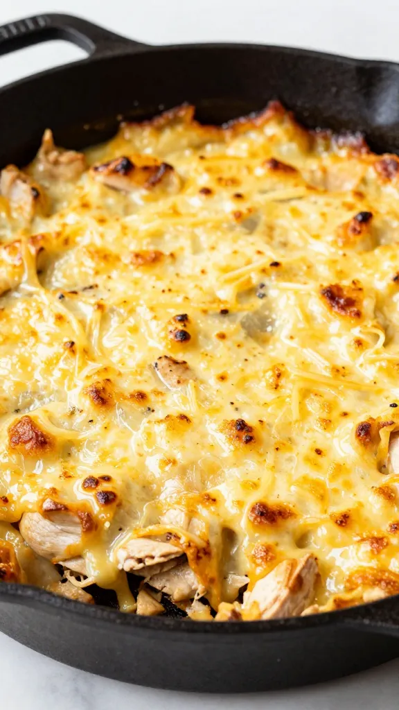 Leftover Smoked Chicken Turned Into 4 Cozy Fall Dinners Tonight cheesy smoked chicken casserole in cast-iron skillet, golden top