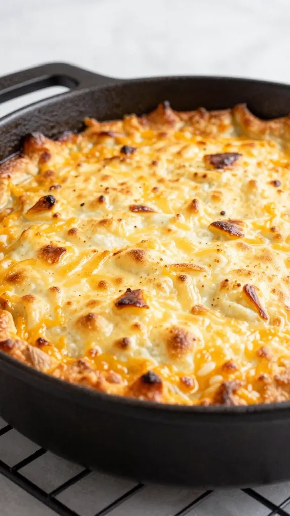 Skillet shepherd’s pie under broiler, golden cheddar crust