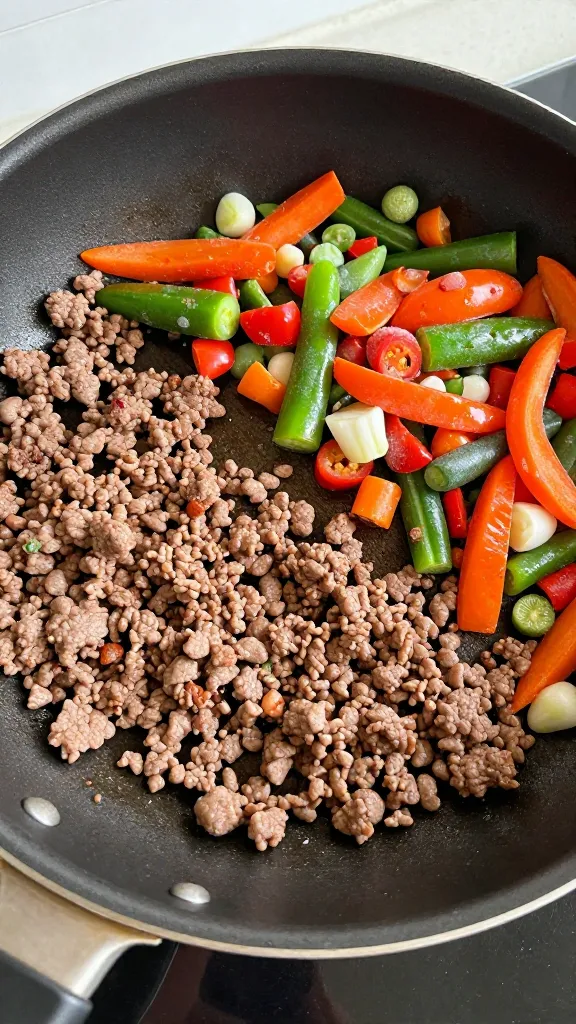 Leftover ground beef in pan with frozen mixed veggies