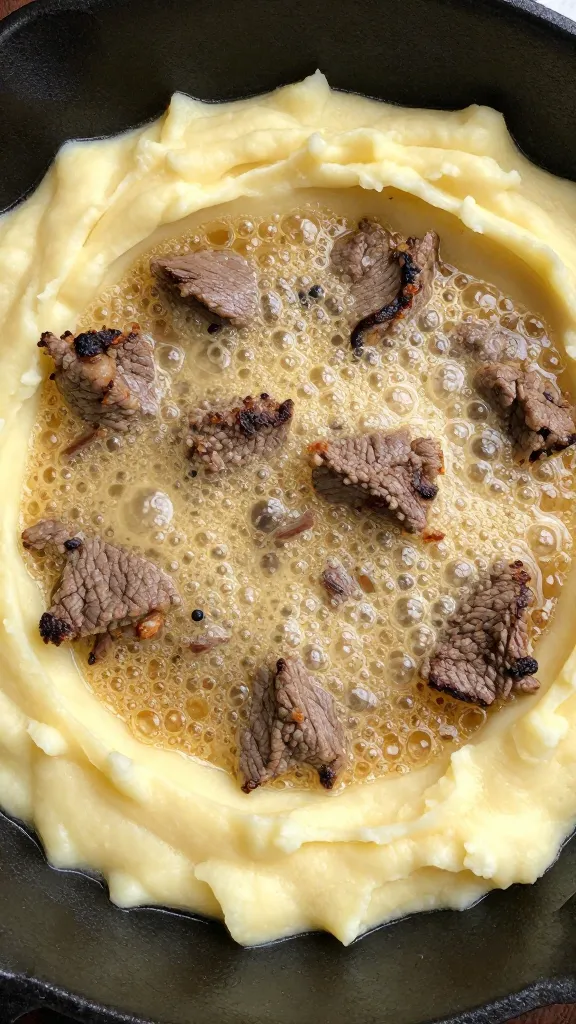 Mashed potato-topped beef skillet, bubbling edges, overhead shot