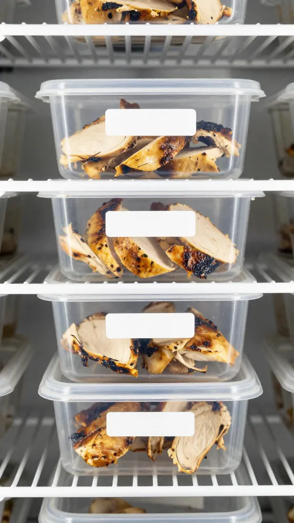 sliced grilled chicken in shallow labeled containers, fridge shelf