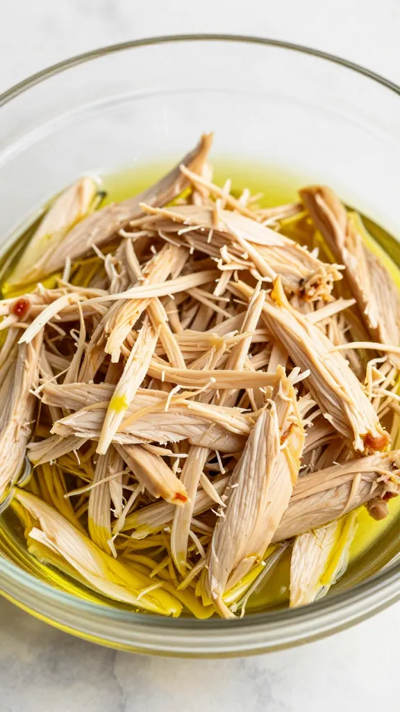shredded chicken tossed with olive oil in glass bowl
