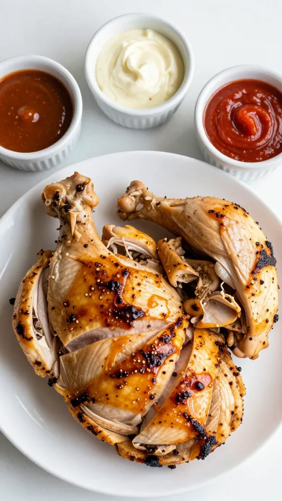leftover chicken with mini “flavor bar” sauces, overhead shot