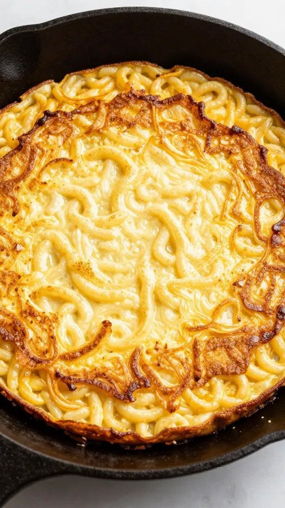crispy pasta frittata in cast-iron skillet, golden edges